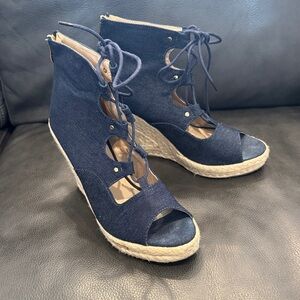 Catherine Malandrino Navy denim Wedge Espadrille Sandals Size 8